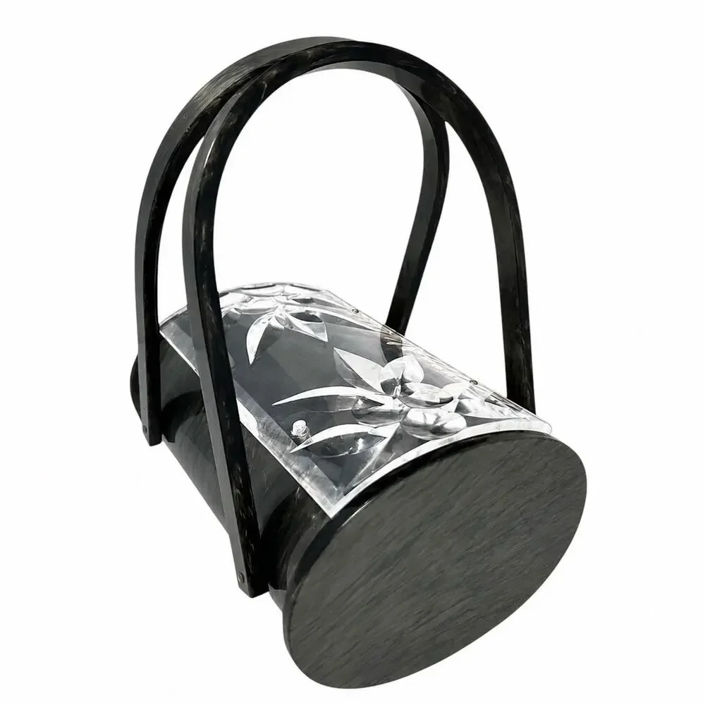 Original Rialto NY Vintage 1950s Lucite Handbag Gray Black Carved Floral Lid